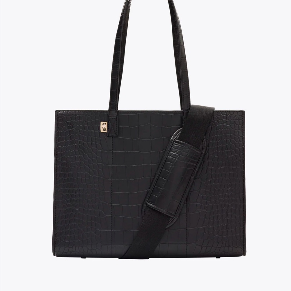 BEIS Black Croc Leather Work Tote